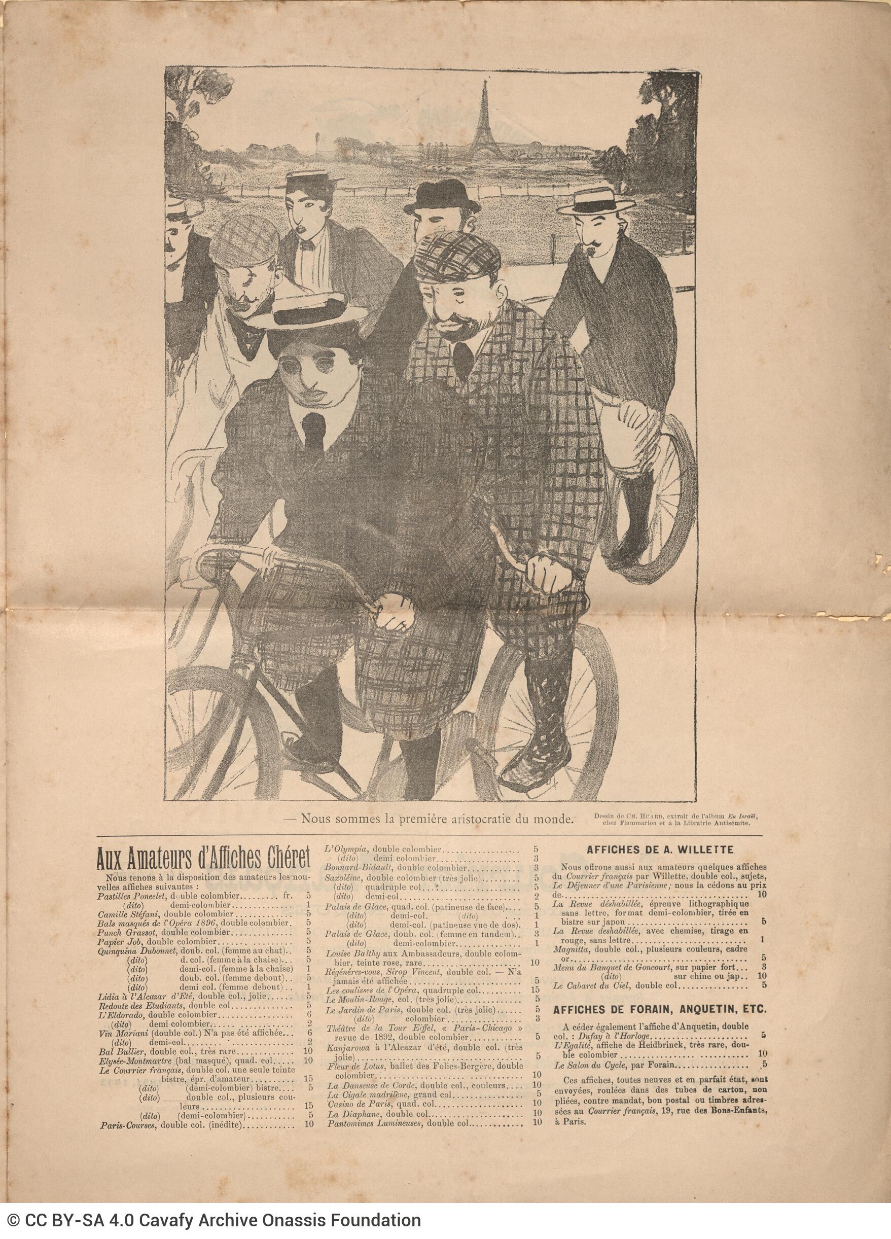 Two copies of the four-page event programme of the cafe chantant Concert des Ambassadeurs in Paris. The illustrator of the po