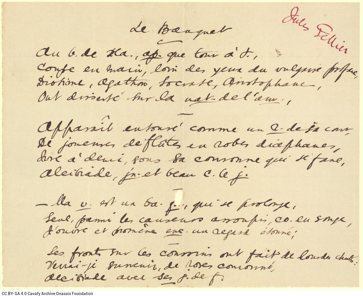 Handwritten copy of a poem by Jules Tellier on one side of a cut sheet. Abbreviations. The name of the poet ("Jules Tellie