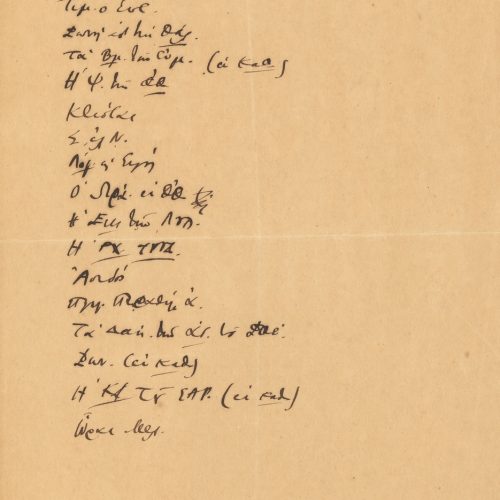 Handwritten notes. List of poem titles, most of which are recorded in abbreviated form.