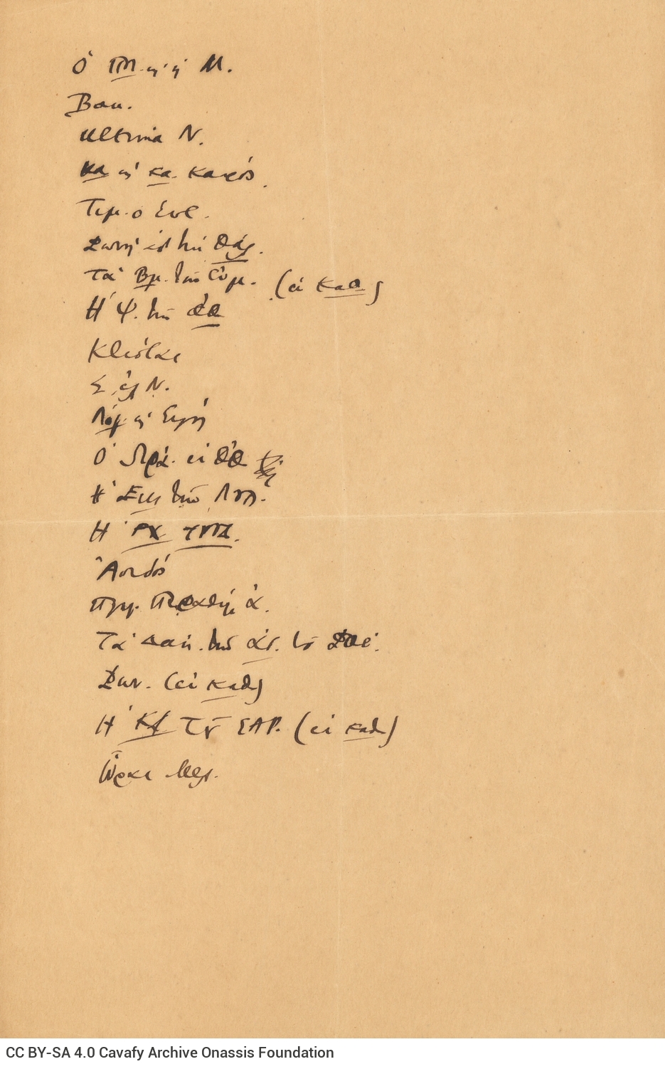 Handwritten notes. List of poem titles, most of which are recorded in abbreviated form.