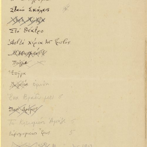 Handwritten list of poem titles on a double sheet notepaper. On the first page, the title "Passions" has been crossed out.