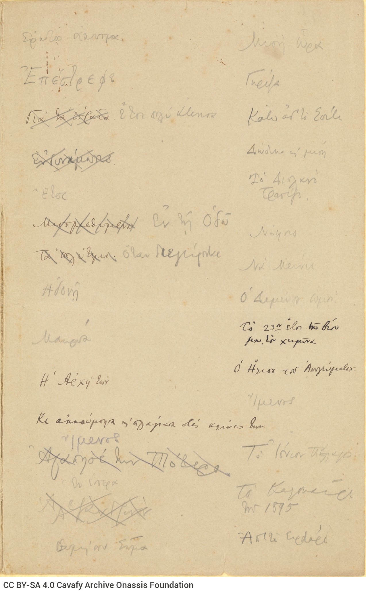 Handwritten list of poem titles on a double sheet notepaper. On the first page, the title "Passions" has been crossed out.