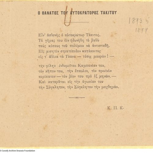 Printed sheet with the poem "The Death of the Emperor Tacitus" on one side. The handwritten chronological indication "1893