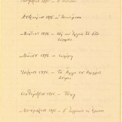 Handwritten chronological table containing poems of the period August 1891 - 1925 period, in five loose double sheet notep