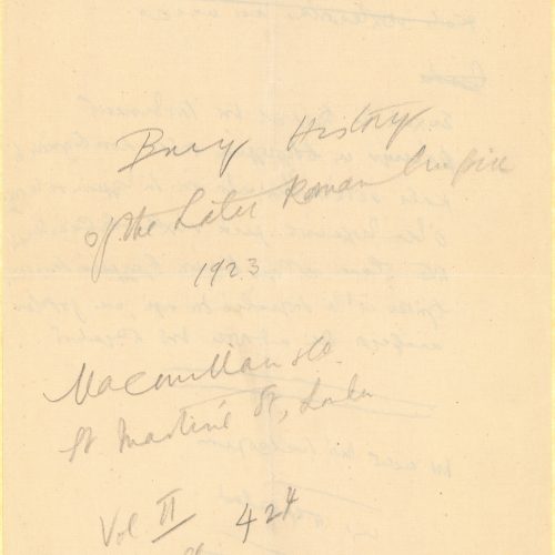 Handwritten draft of the poem "From the Unpublished History" on the recto of a sheet. On the verso, note with a reference 
