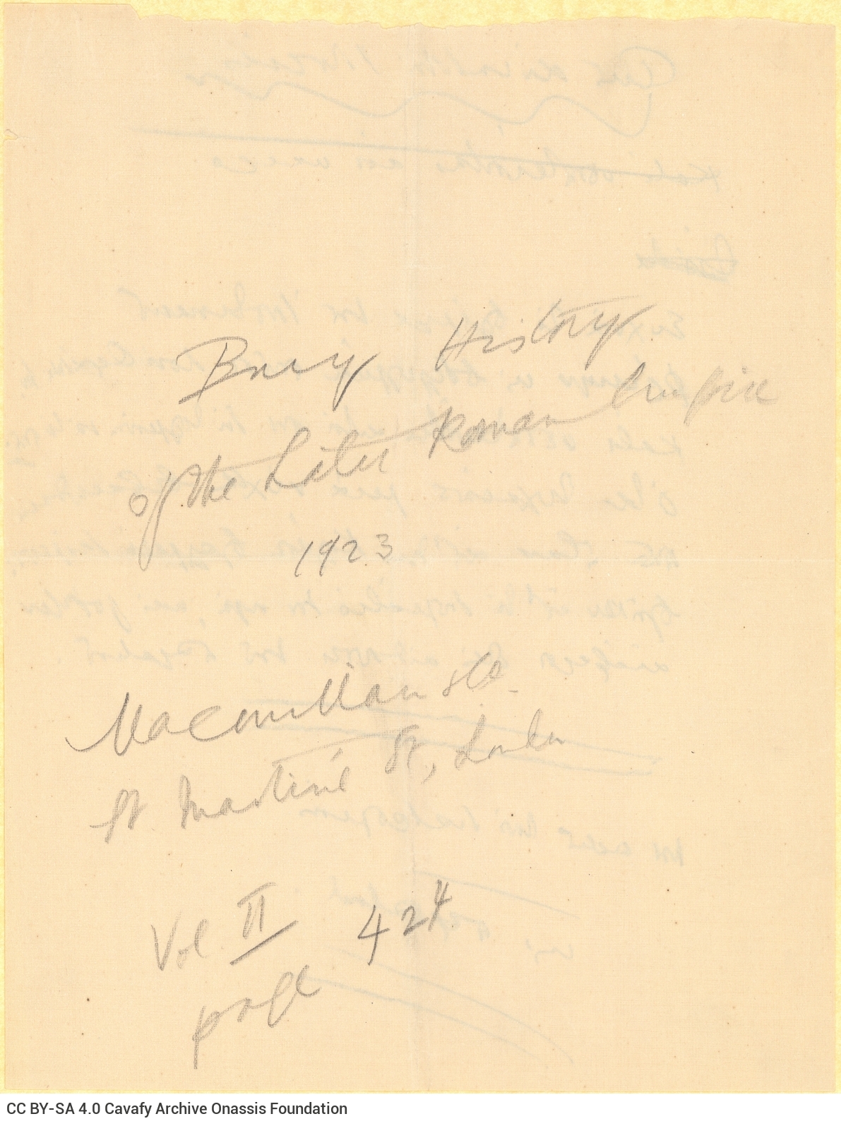 Handwritten draft of the poem "From the Unpublished History" on the recto of a sheet. On the verso, note with a reference 