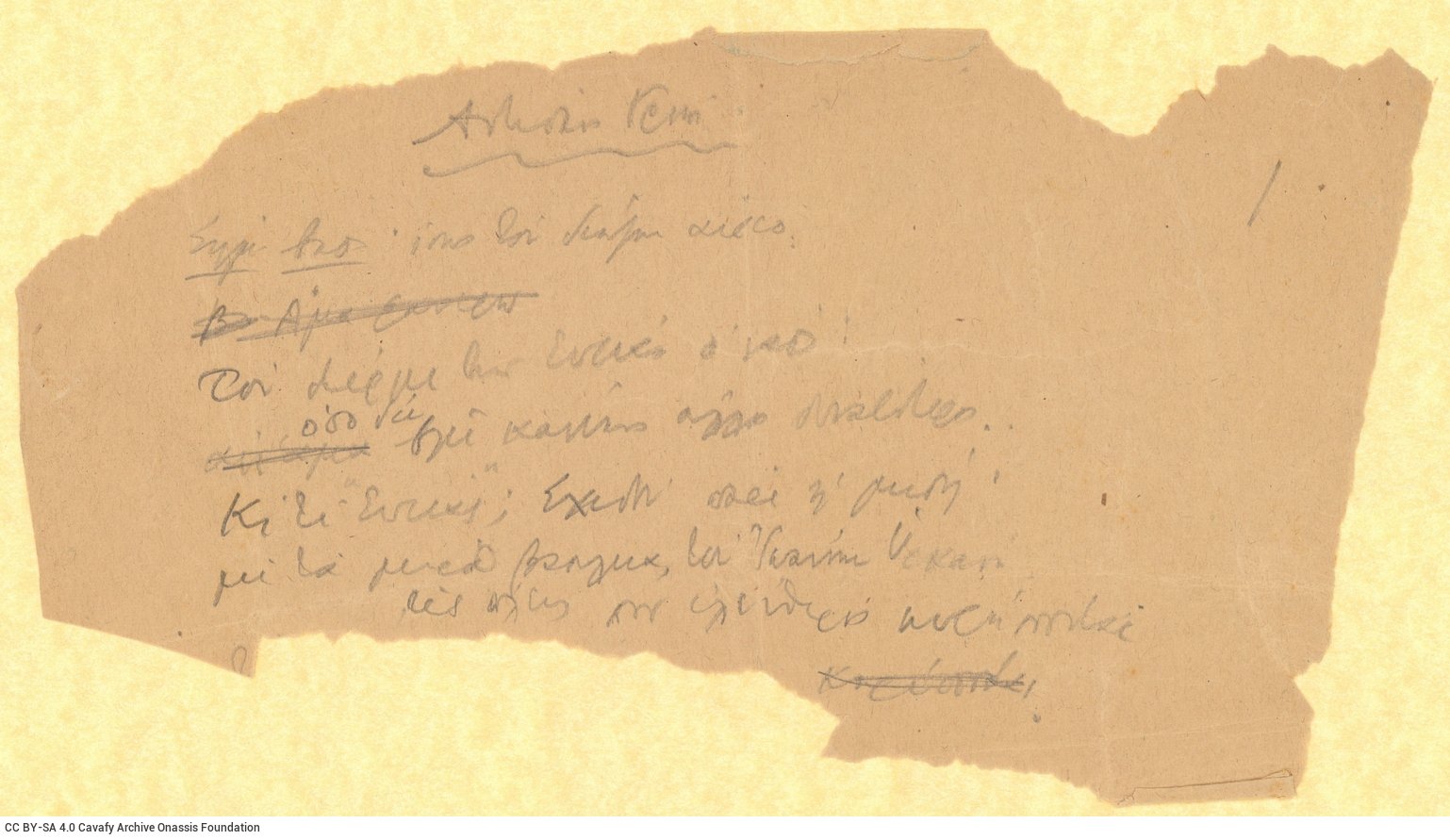 Handwritten draft of the poem "Antiochus the Cyzicene" on one side of two small pieces of paper. Handwritten quote on one 
