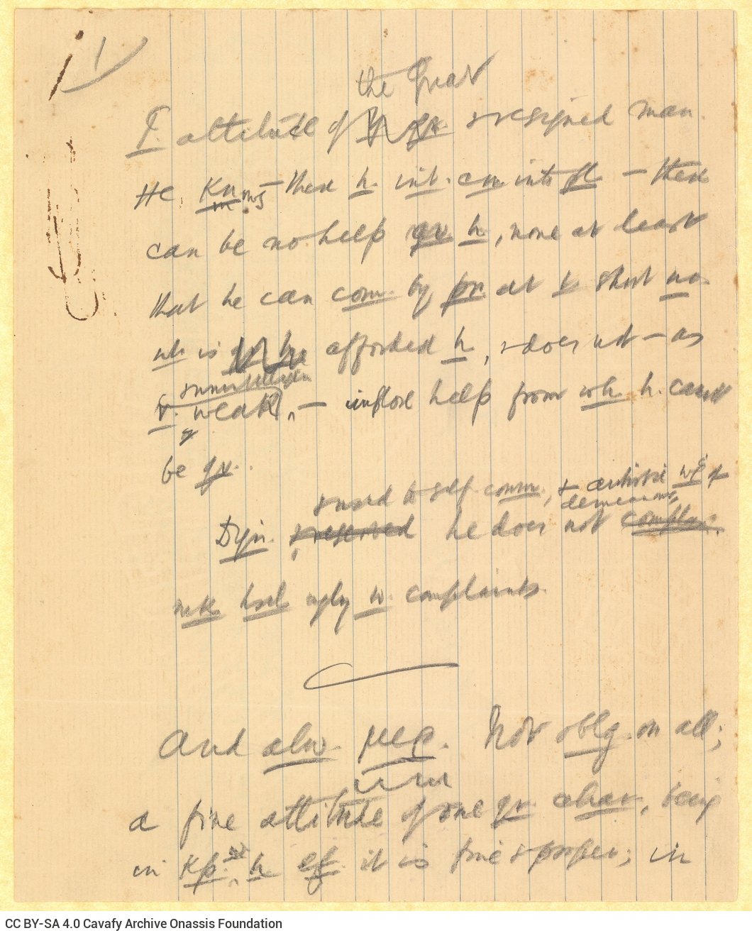 Handwritten notes on the poem "The God Abandons Antony" on both sides of a ruled sheet and on the verso of a piece of a le