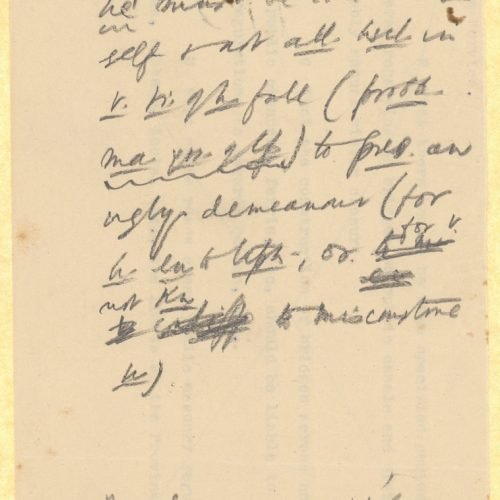 Handwritten notes on the poem "The God Abandons Antony" on both sides of a ruled sheet and on the verso of a piece of a le