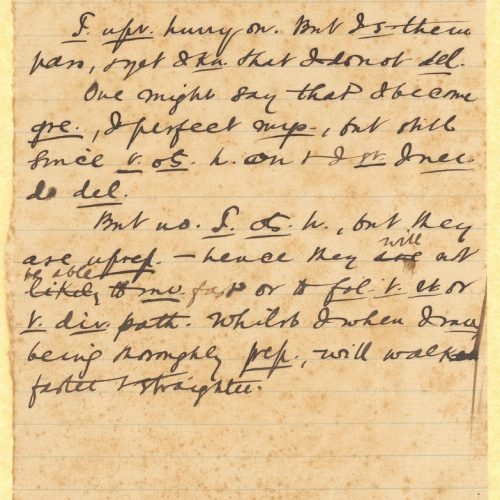 Handwritten notes on the poem "Preparation" on one side of a ruled paper. Extensive use of abbreviations.