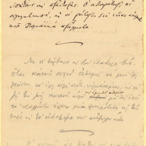 Handwritten comments and notes on the poem "Waiting for the Barbarians" on both sides of a ruled sheet and on three pieces