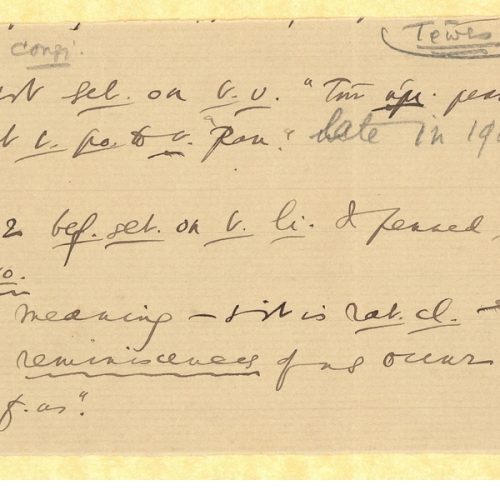 Handwritten notes on the poem "Trojans" in ink, on a piece of paper. The poem title, the annotation "late in 1905" and a n