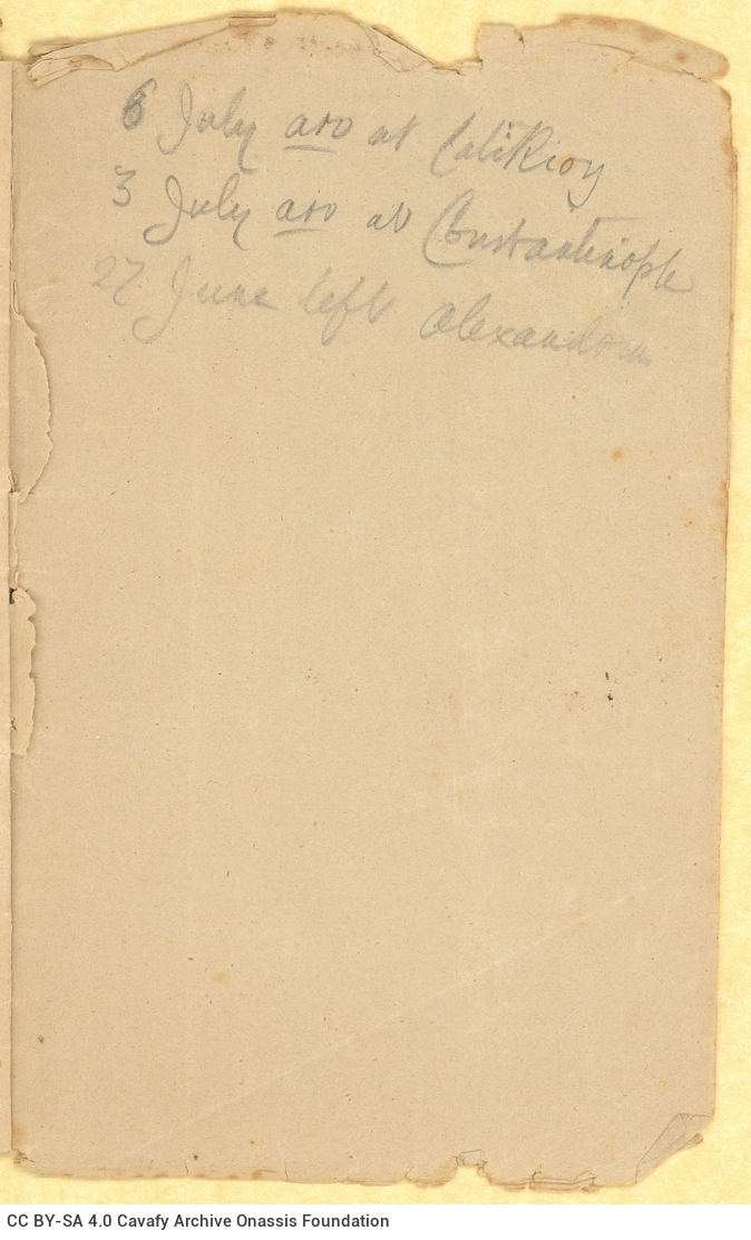 Handwritten text on a homemade notepad, sewn on the spine. Travel diary and notes. The title handwritten on the cover. Men