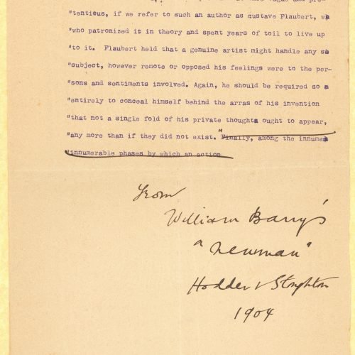 Typewritten quote from *Newman* by William Barry (1904) on one side of a sheet. Handwritten notes and cancellation. Blank 