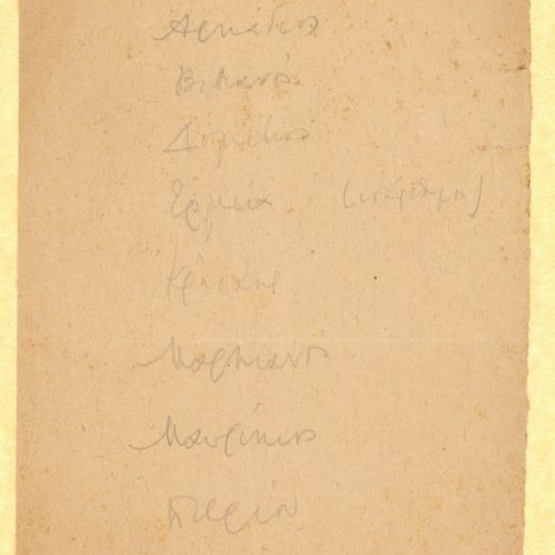 Handwritten list of names in alphabetical order, on one side of a piece of paper.