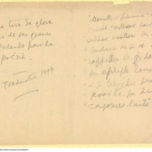Handwritten notes on both sides of a sheet. Reference to Aeschylus and citation. Quote in French and note that reads "Trad