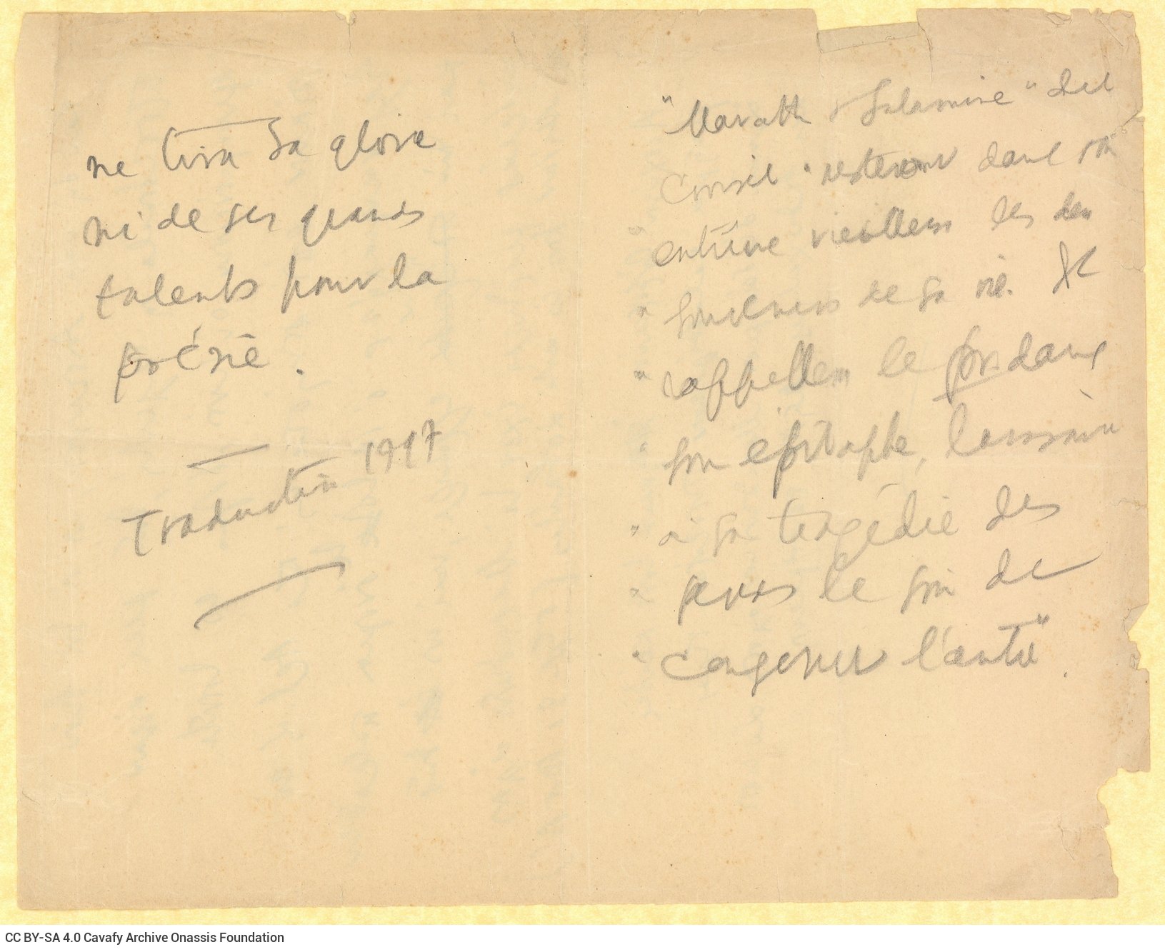 Handwritten notes on both sides of a sheet. Reference to Aeschylus and citation. Quote in French and note that reads "Trad