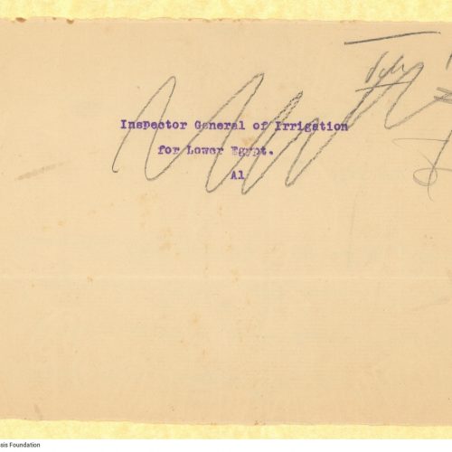 Handwritten note on one side of an official sheet with date indication. On the verso, the typewritten phrase "Inspector Ge