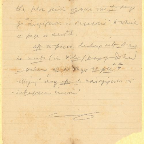 Handwritten notes in English by Cavafy on one side of a ruled sheet; interpolated words in Greek and abbreviations. Refere
