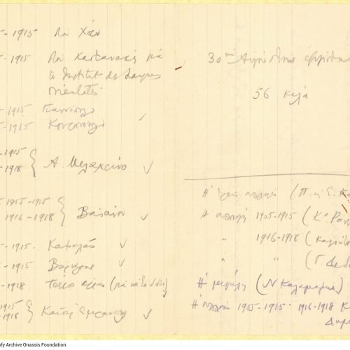 Χειρόγραφος κατάλογος διανομής Συλλογών, που καλύπτει την περίοδο