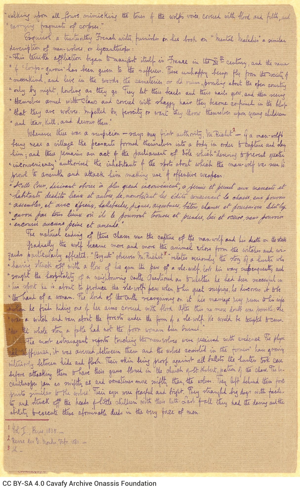 Fragment of a handwritten text on lycanthropy and the also handwritten unfinished text "Woman and the Ancients" (on men's 