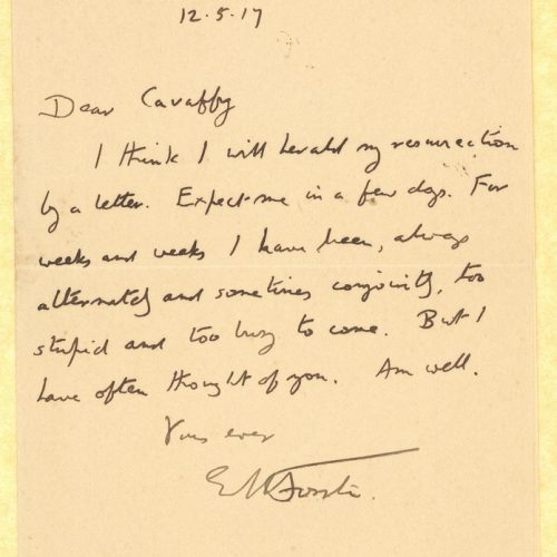 Handwritten letter by E. M. Forster to Cavafy, in which the former informs the latter that they will be meeting soon. Written