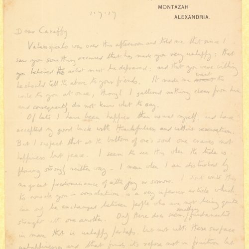 Handwritten letter by E. M. Forster to Cavafy on both sides of a letterheaded paper of the British Red Cross Convalescent Hos