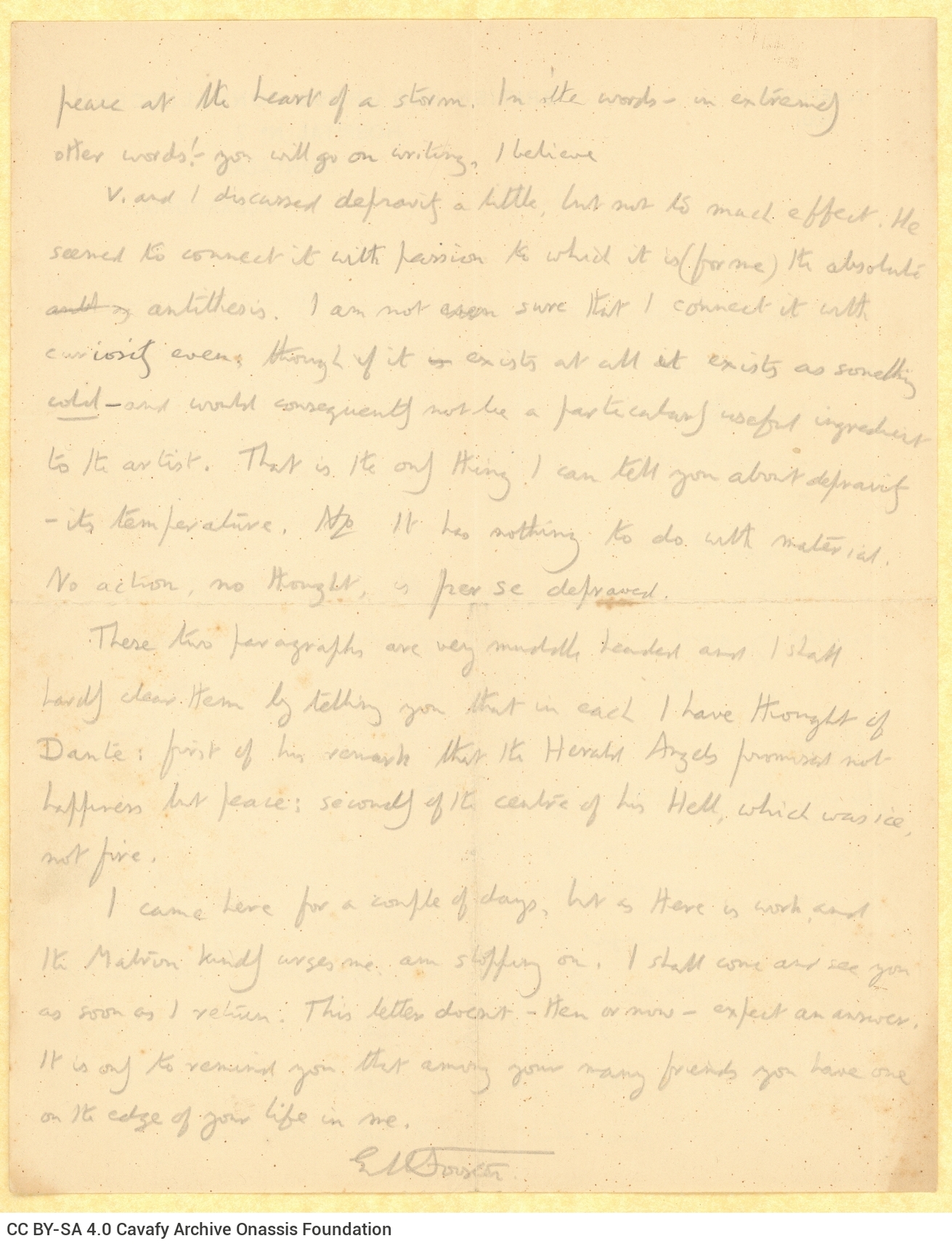 Handwritten letter by E. M. Forster to Cavafy on both sides of a letterheaded paper of the British Red Cross Convalescent Hos