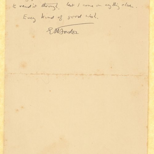 Handwritten letter by E. M. Forster. Mention of an English article on Cavafy's poetry which contains two serious mistakes. Al