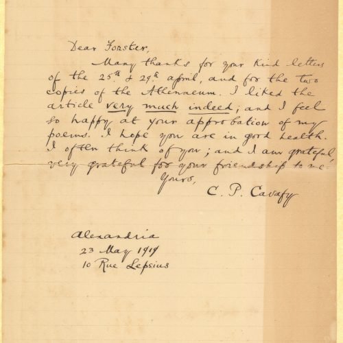 Three handwritten draft letters to E. M. Forster dated "23.5.19", "23 May 1919" and "22 May 1919". Cavafy expresses his disap