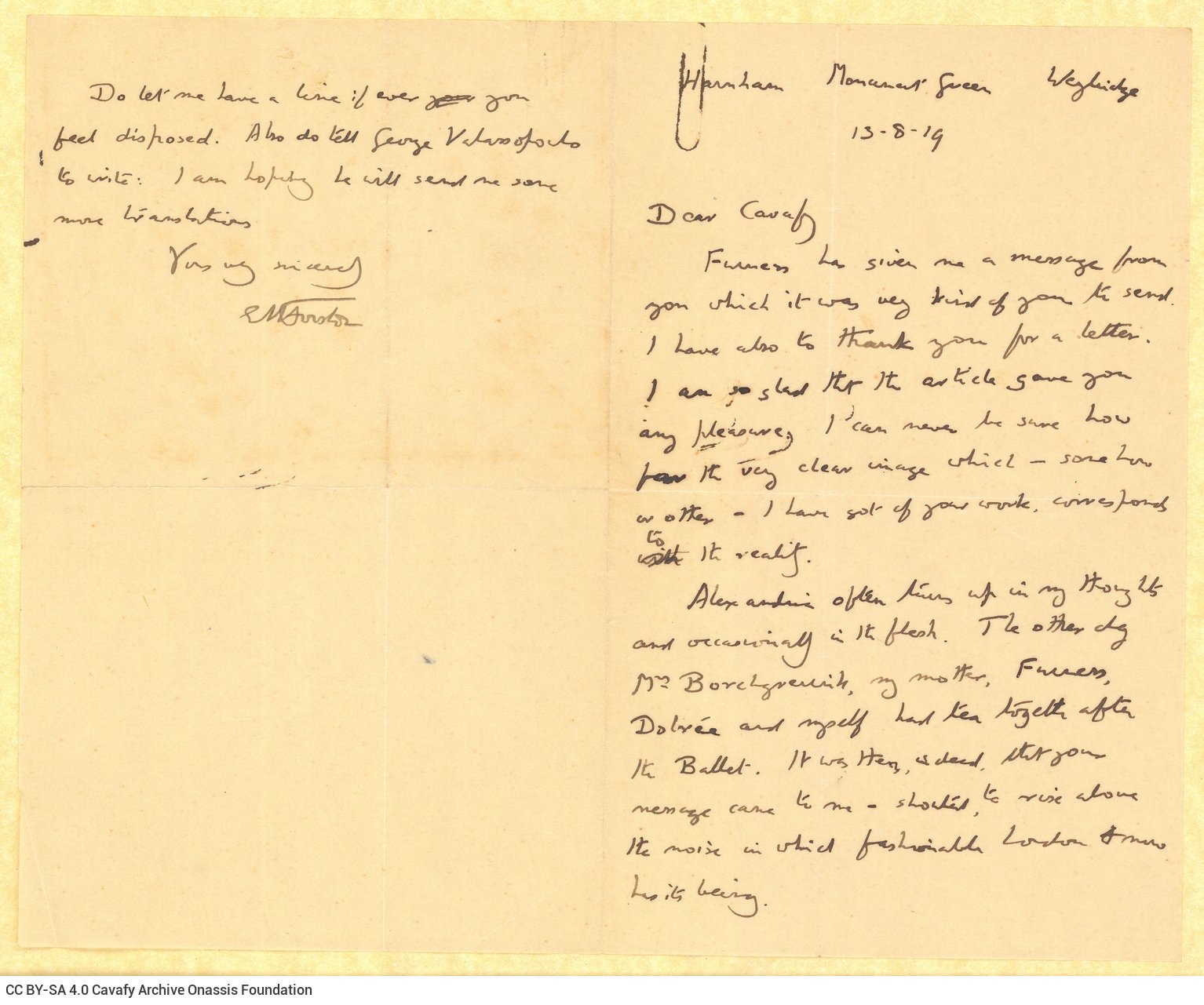 Handwritten letter by E. M. Forster to Cavafy on the first and last pages of a bifolio. It pertains to the article that was p