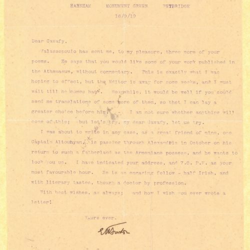 Typewritten letter by E. M. Forster on one side of a sheet. It pertains to English translations of Cavafy's poems to be publi