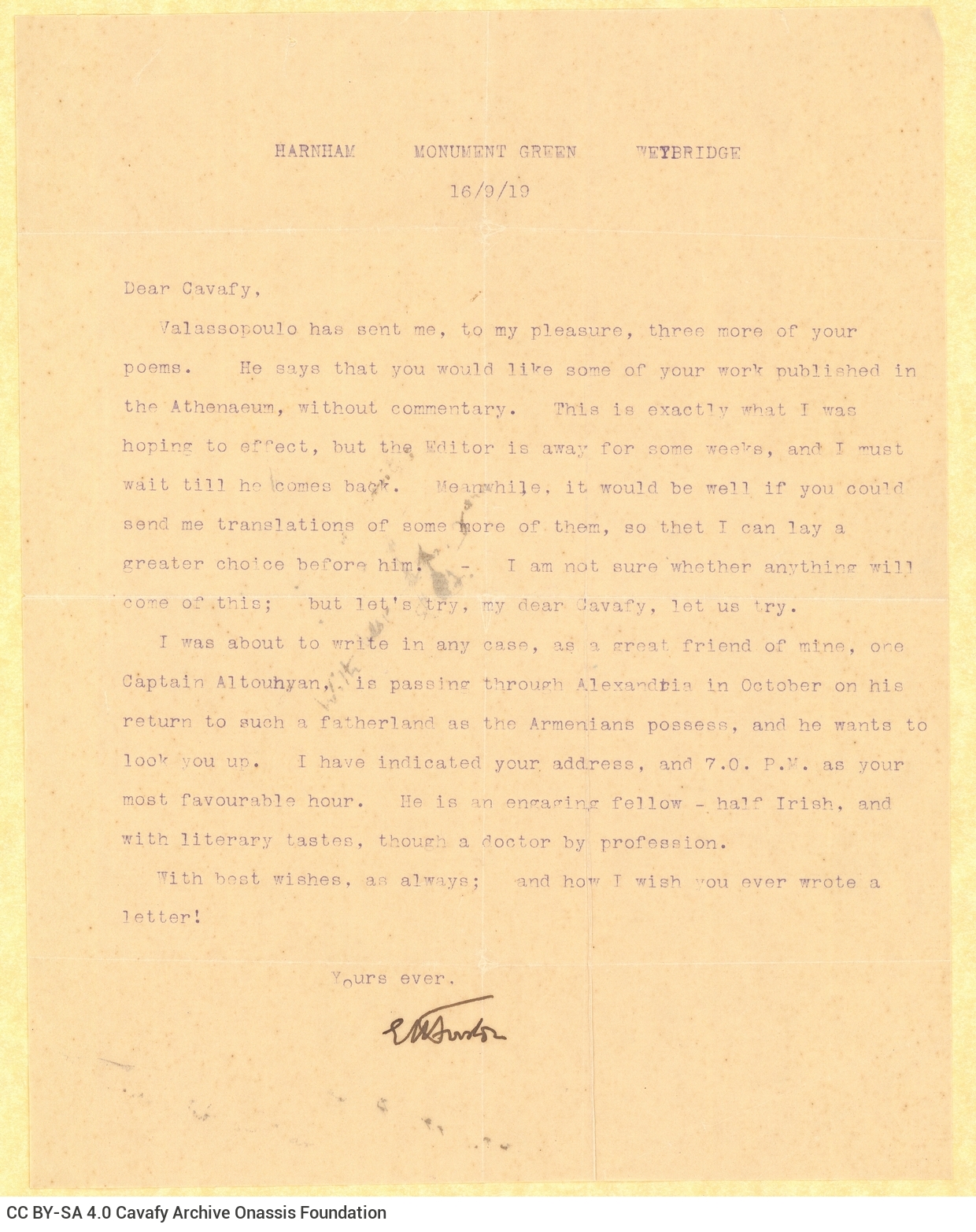 Typewritten letter by E. M. Forster on one side of a sheet. It pertains to English translations of Cavafy's poems to be publi