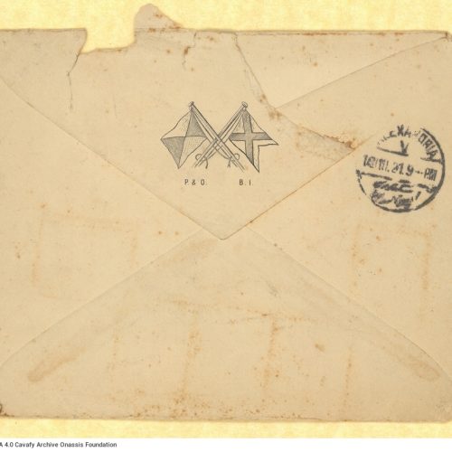 Handwritten letter on both sides of two letterheaded papers of the Morea steamboat. Forster informs Cavafy that he is aboard 