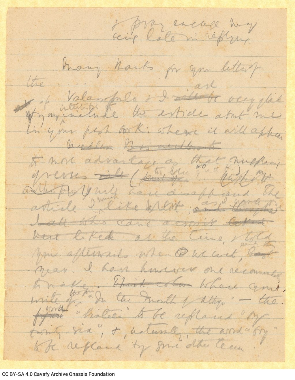 Handwritten copy of a letter by Cavafy to E. M. Forster on both sides of a sheet. Cavafy consents to the re-publication of an