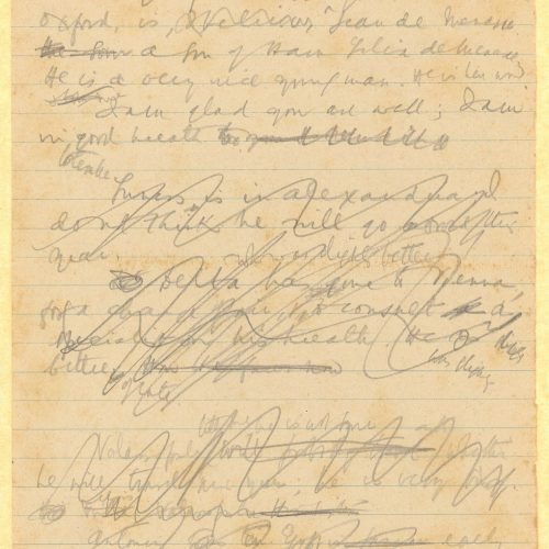 Handwritten copy of a letter by Cavafy to E. M. Forster on both sides of a sheet. Cavafy consents to the re-publication of an