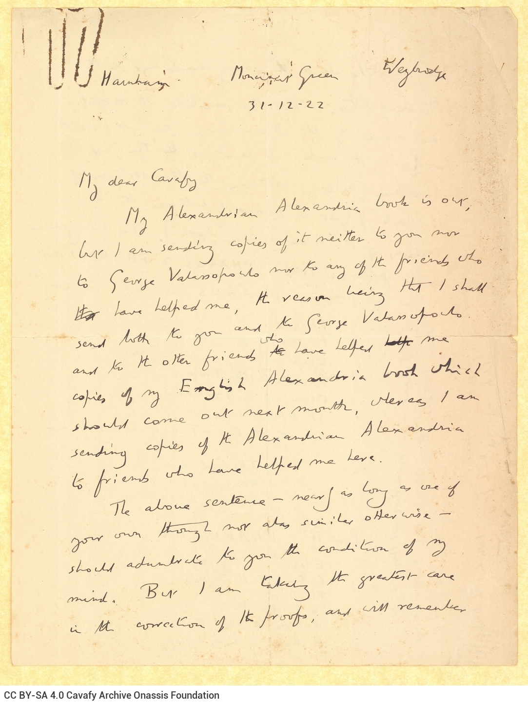 Handwritten letter by E. M. Forster to Cavafy on both sides of a sheet. News regarding the publication of the former's book o