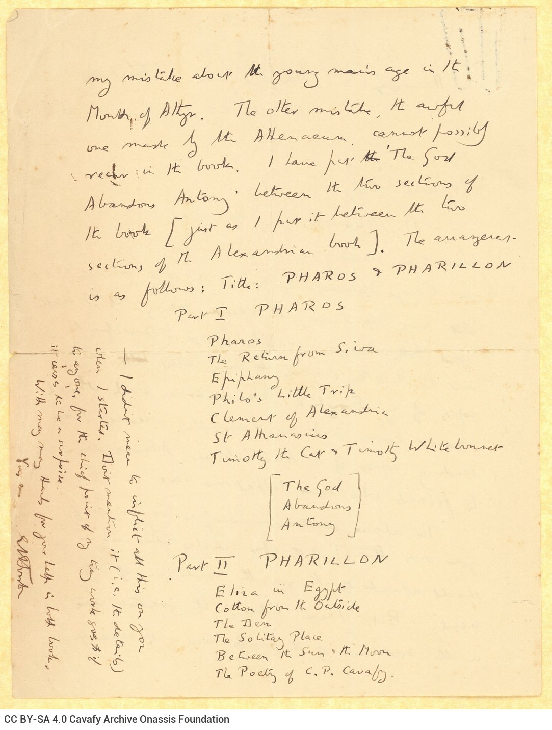 Handwritten letter by E. M. Forster to Cavafy on both sides of a sheet. News regarding the publication of the former's book o