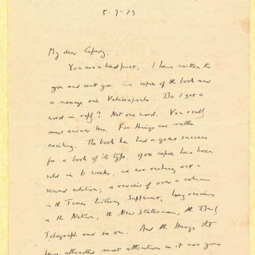 Handwritten letter by E. M. Forster to Cavafy on both sides of a sheet and on the recto of half a sheet. He informs him on th