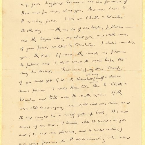 Handwritten letter by E. M. Forster to Cavafy on both sides of a sheet and on the recto of half a sheet. He informs him on th