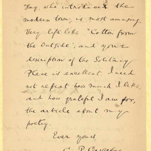 Handwritten copy of a letter by Cavafy to E. M. Forster on the first two pages of a bifolio. Cavafy's positive comments on Fo