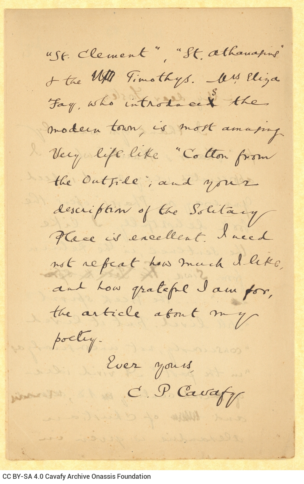 Handwritten copy of a letter by Cavafy to E. M. Forster on the first two pages of a bifolio. Cavafy's positive comments on Fo