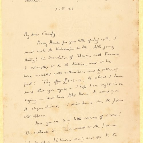 Handwritten letter by E. M. Forster on both sides of a sheet. He informs Cavafy that the poem "Darius" has been accepted for 