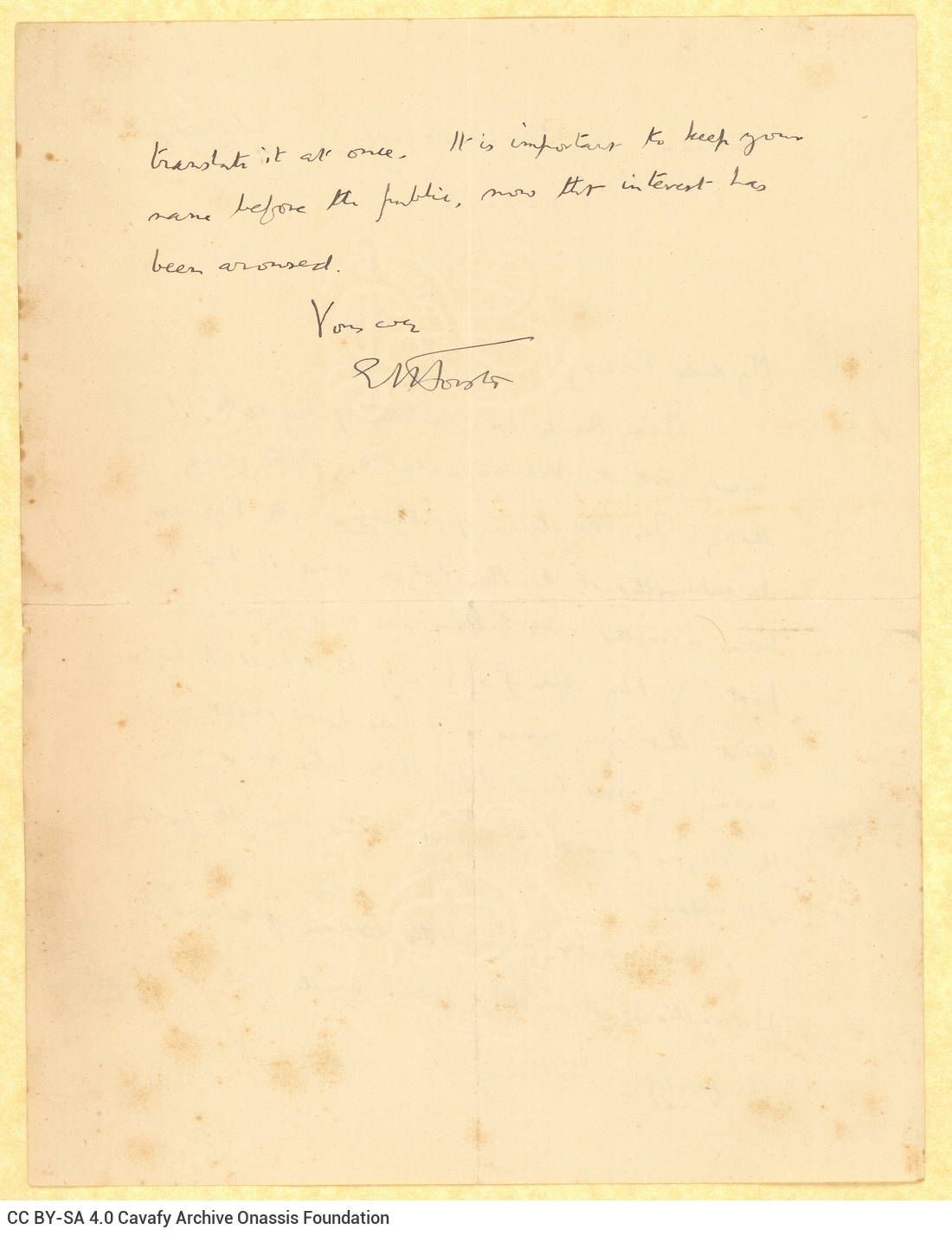 Handwritten letter by E. M. Forster on both sides of a sheet. He informs Cavafy that the poem "Darius" has been accepted for 
