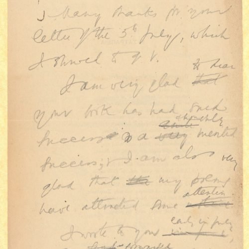 Handwritten draft letter by Cavafy to E. M. Forster on both sides of an undated printed broadsheet with the poem "The Satrapy