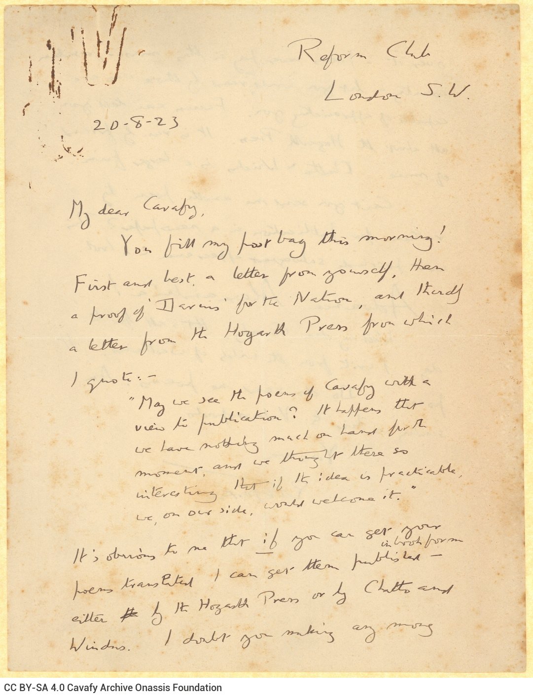 Handwritten letter by E. M. Forster to Cavafy on both sides of a sheet. He informs him that the Hogarth Press would be intere