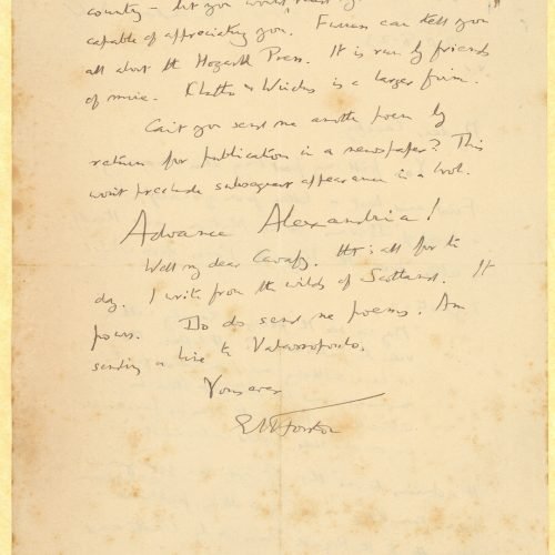 Handwritten letter by E. M. Forster to Cavafy on both sides of a sheet. He informs him that the Hogarth Press would be intere