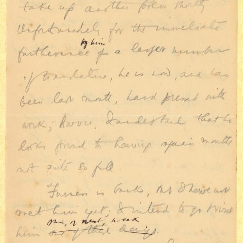 Handwritten draft letter by Cavafy to E. M. Forster on both sides of a sheet, with cancellations and emendations. Positive co