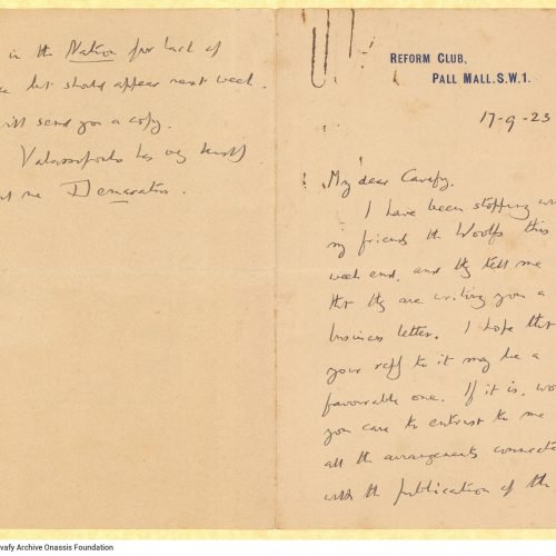 Handwritten letter by E. M. Forster to Cavafy on a double sheet letterheaded notepaper of the Reform Club. It pertains to the