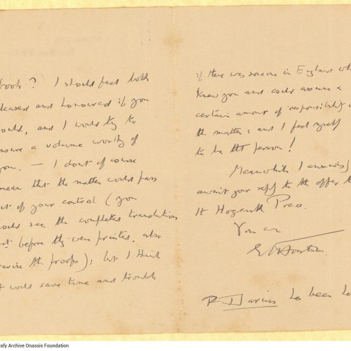 Handwritten letter by E. M. Forster to Cavafy on a double sheet letterheaded notepaper of the Reform Club. It pertains to the